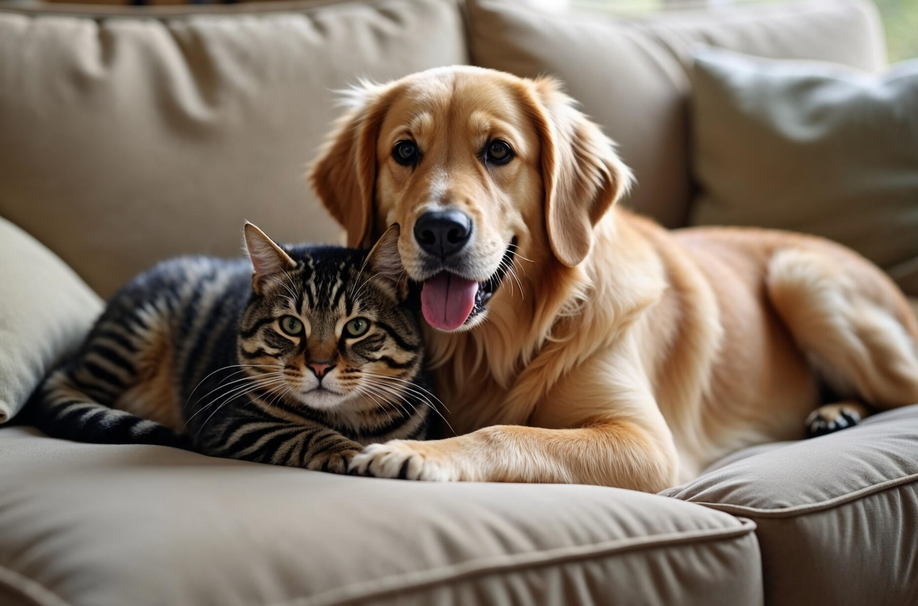 Happy Pets - Comfortable Dog and Cat Together at Home. Golden retriever and tabby cat relaxing peacefully together on a comfortable couch, showing the calm and happy environment pets experience with ASU's care.