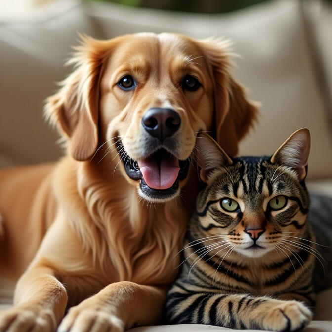 Professional Pet Care - Happy Dog and Cat Together Golden retriever and tabby cat lying together peacefully on a beige couch, showing comfortable pets in a home environment