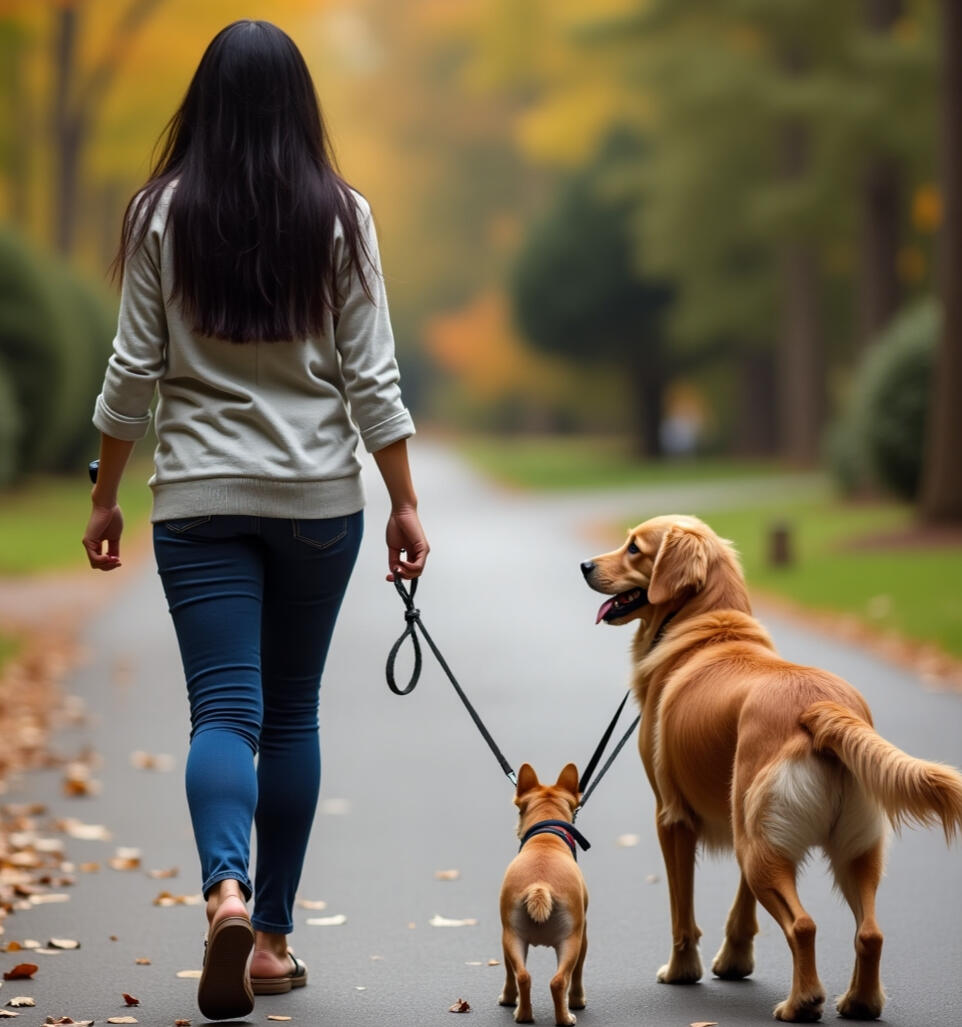 Professional Pet Sitter Walking Dogs in Neighborhood ASU (our dog sitting caregiver) walking two dogs on leashes along a tree-lined sidewalk in a suburban neighborhood, showing professional dog walking services.